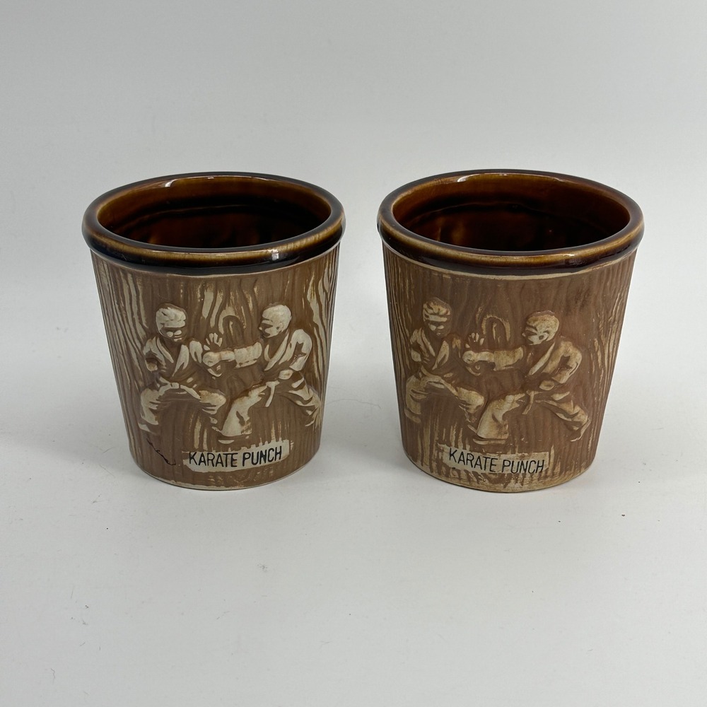 Vintage Otagiri Karate Punch Tiki Mugs Brown Woodgrain Relief Japan 70s Set of 2